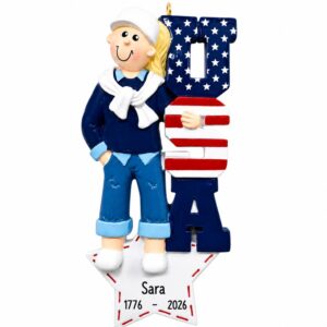 Personalized FEMALE Celebrating The USA White Star Ornament BLONDE