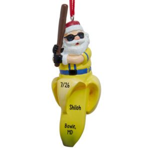 Personalized Baseball Santa on Banana 3-D Glittered Ornament BAT