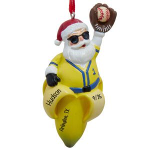 Personalized Baseball Santa on Banana 3-D Glittered Ornament GLOVE