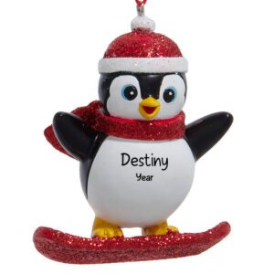 Personalized SNOWBOARDING Penguin Fully Dimensional Glittered Ornament RED
