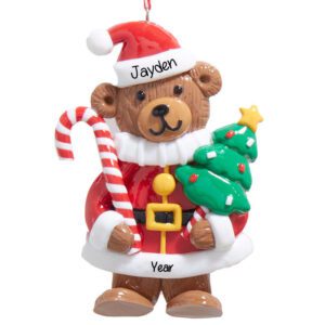 Personalized Santa Claydough Bear Holding CANDY CANE Ornament