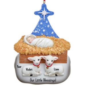 Personalized Baby Jesus Nativity Ornament for Two Grandchildren