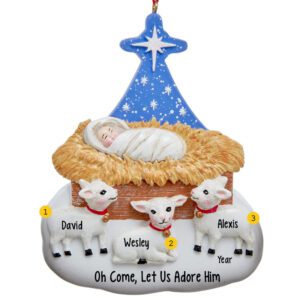 Personalized Baby Jesus with THREE Lambs Nativity Ornament