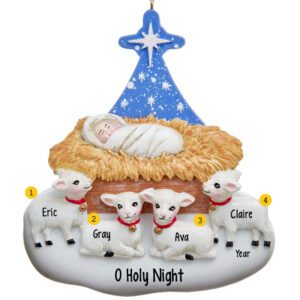 Personalized Baby Jesus with FOUR Lambs Nativity Ornament