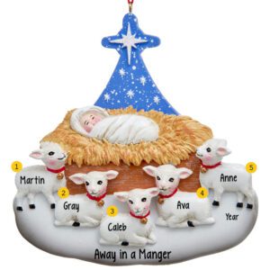 Personalized Baby Jesus with FIVE Lambs Nativity Ornament