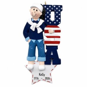 Personalized FEMALE Celebrating The USA White Star Ornament BLACK HAIR