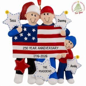 Personalized Patriotic Family Of 3 Celebrating America 250 Ornament RED HAIR