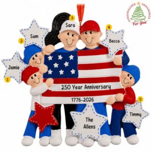 Personalized Patriotic Family Of 5 Celebrating America 250 Ornament BLACK HAIR