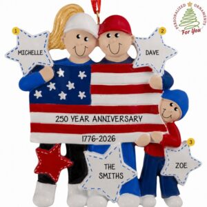 Personalized Patriotic Family Of 3 Celebrating America 250 Ornament BLONDE