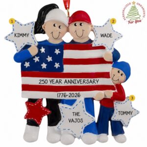 Personalized Patriotic Family Of 3 Celebrating America 250 Ornament BLACK HAIR