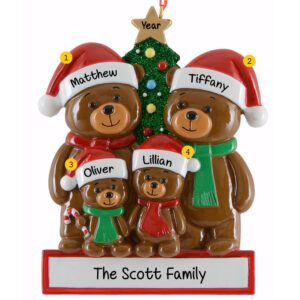 Personalized BROWN Bear Family Of 4 Glittered Tree Ornament