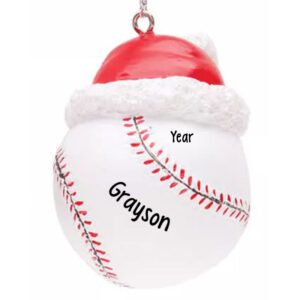 Personalized Fully Dimensional BASEBALL With Santa Hat Glittered Ornament